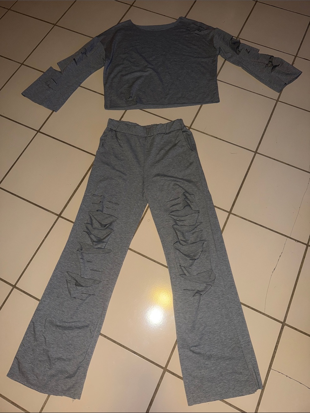 Women's Grey Distressed Wide-Leg Pants - Casual Lounge Set